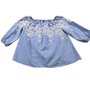 Unique Spectrum Women's Boho Blouse Embroidered Chambray Puff 1/2 Sleeve Size 1X